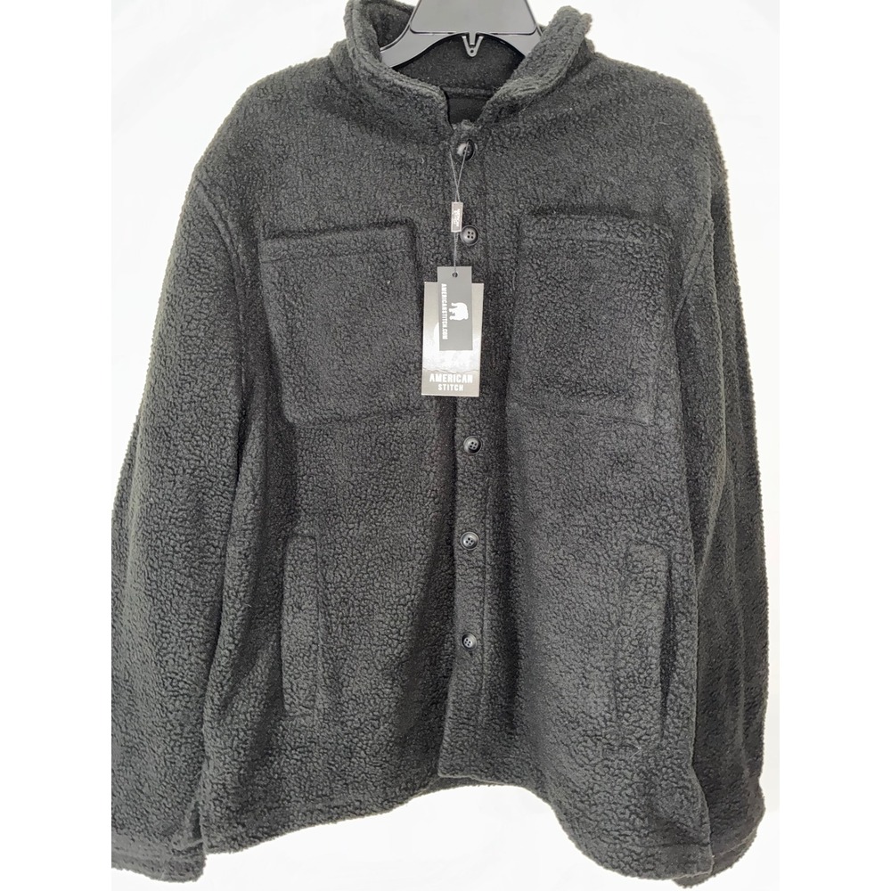 American Stitch Fleece Jacket Mens Medium Black DBL Pocket Button Down Bloke